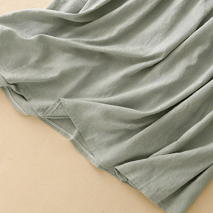 Buddha Stones Sommer-Jacquard-Midikleid aus Baumwolle mit einfarbigem elastischem Bündchendesign, Rundhalsausschnitt und kurzen Ärmeln