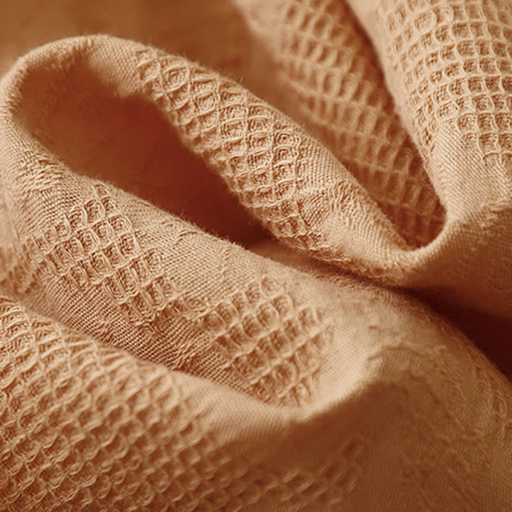 Buddha Stones Sommer-Jacquard-Midikleid aus Baumwolle mit einfarbigem elastischem Bündchendesign, Rundhalsausschnitt und kurzen Ärmeln