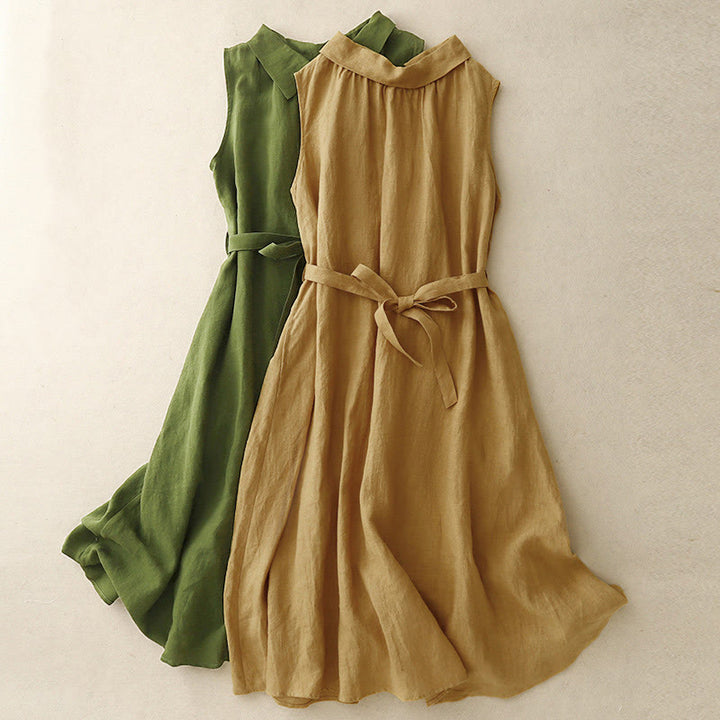 Buddha Stones Sommerkleid aus Baumwolle, schlicht, mit Schnürung, Knopfleiste vorne, Reverskragen, ärmellos, Midi-Länge - image 14