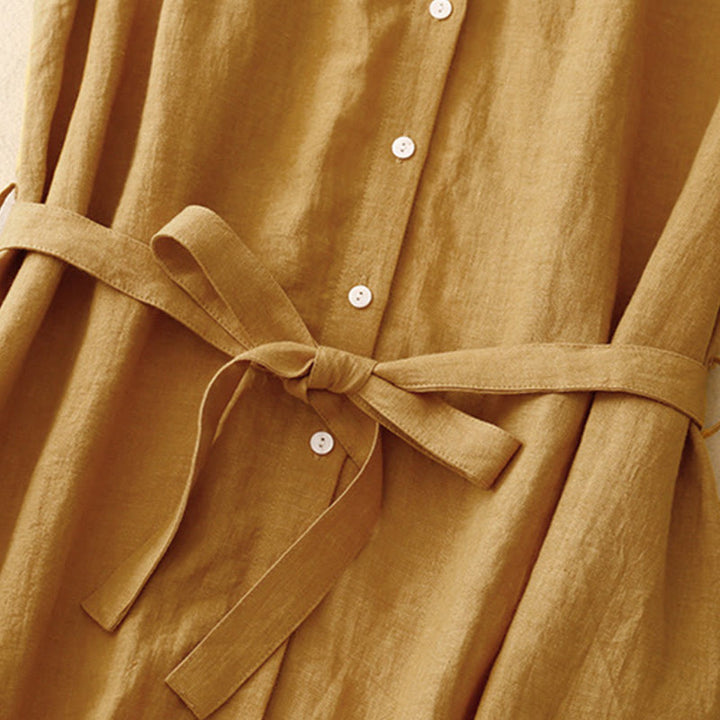 Buddha Stones Sommerkleid aus Baumwolle, schlicht, mit Schnürung, Knopfleiste vorne, Reverskragen, ärmellos, Midi-Länge - image 3