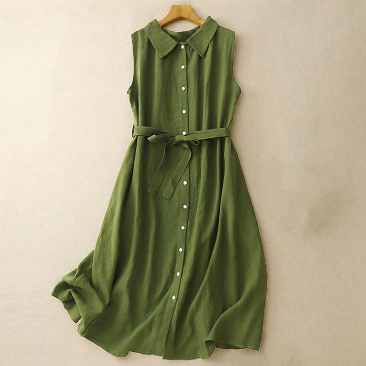 Buddha Stones Sommerkleid aus Baumwolle, schlicht, mit Schnürung, Knopfleiste vorne, Reverskragen, ärmellos, Midi-Länge - Waldgrün - US12, UK/AU16, EU44 (2XL) - image 8