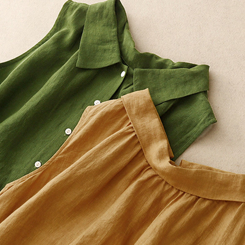 Buddha Stones Sommerkleid aus Baumwolle, schlicht, mit Schnürung, Knopfleiste vorne, Reverskragen, ärmellos, Midi-Länge - image 15