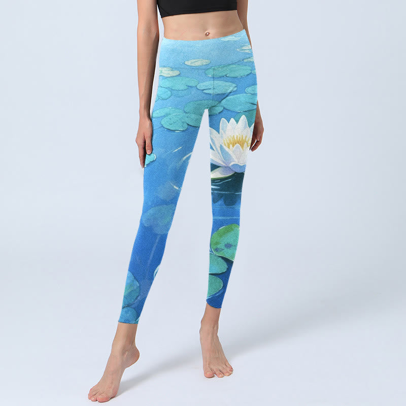 Buddha Stones, weiße Lotusblüte, grüne Lotusblätter, Musterdruck, Gym-Leggings für Damen, Yogahose - image 5