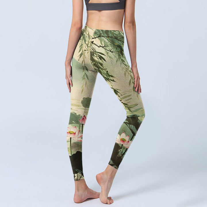 Buddha Stones, rosa Lotusblüte, Lotusblätter, Weidenzweig-Musterdruck, Gym-Leggings für Damen, Yoga-Hose - image 3