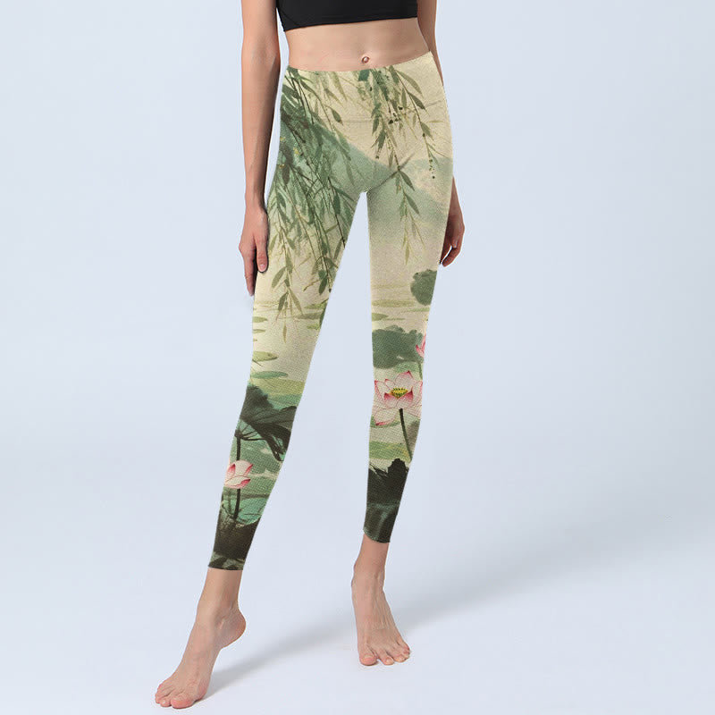 Buddha Stones, rosa Lotusblüte, Lotusblätter, Weidenzweig-Musterdruck, Gym-Leggings für Damen, Yoga-Hose - image 6