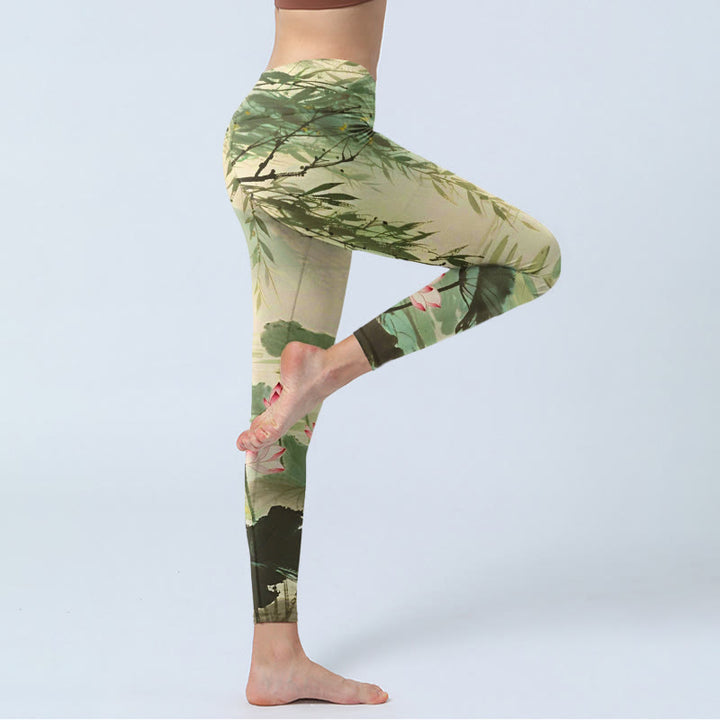 Buddha Stones, rosa Lotusblüte, Lotusblätter, Weidenzweig-Musterdruck, Gym-Leggings für Damen, Yoga-Hose - image 4