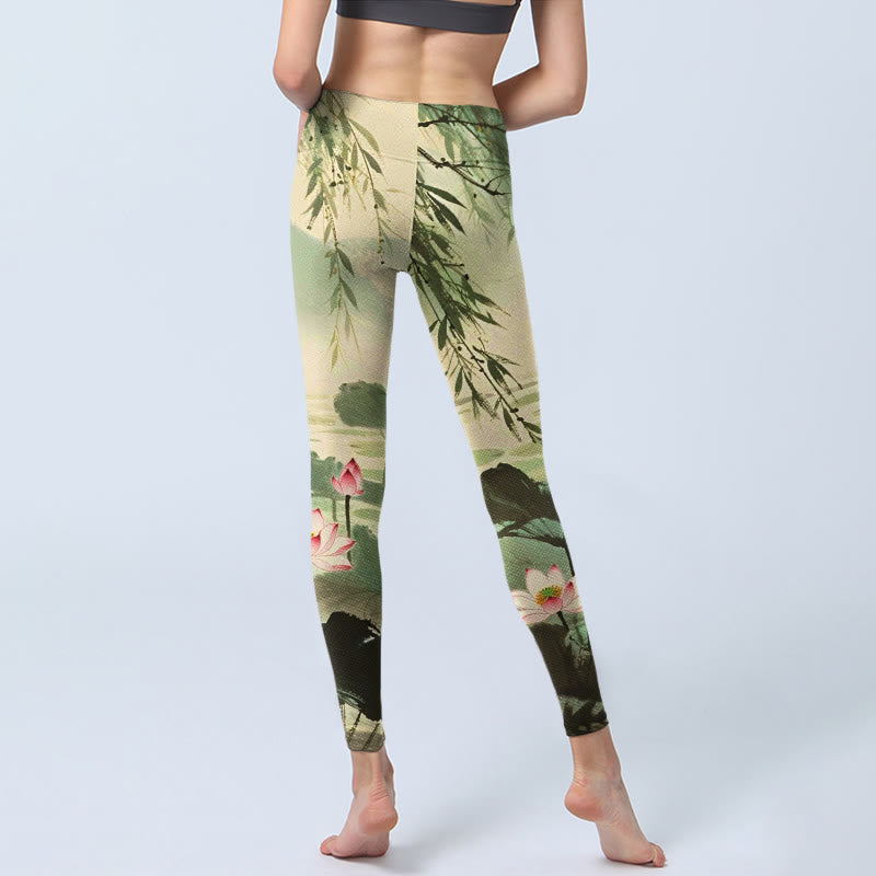 Buddha Stones, rosa Lotusblüte, Lotusblätter, Weidenzweig-Musterdruck, Gym-Leggings für Damen, Yoga-Hose - image 6