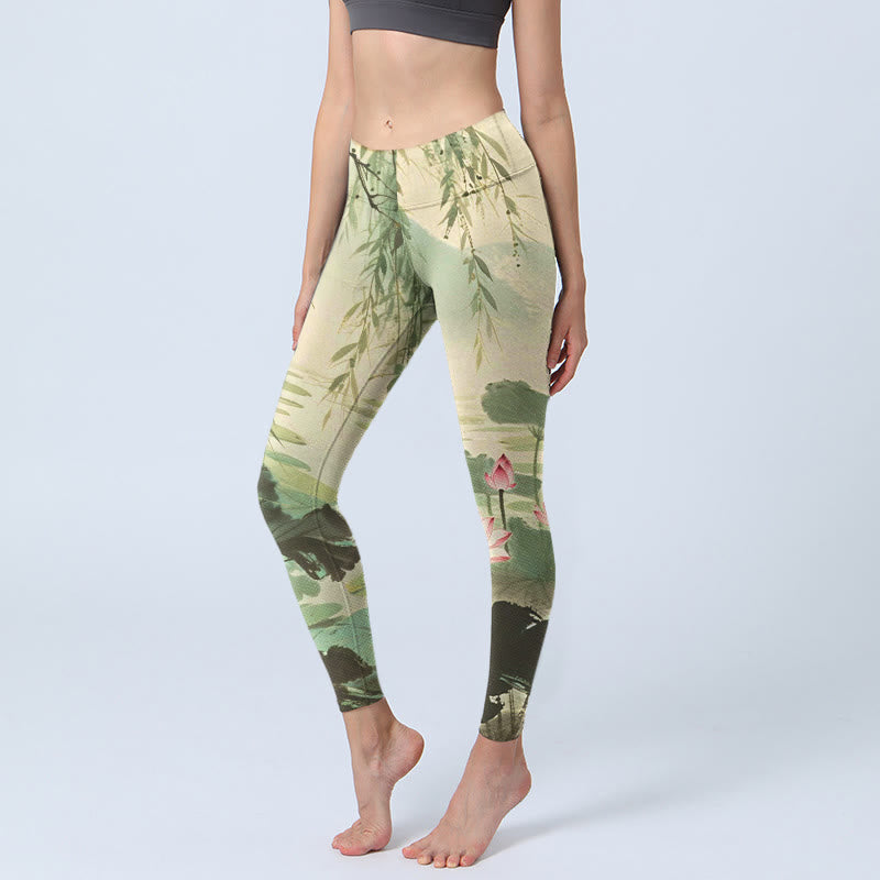 Buddha Stones, rosa Lotusblüte, Lotusblätter, Weidenzweig-Musterdruck, Gym-Leggings für Damen, Yoga-Hose - SeaGreen - US18, UK/AU22, EU50 (4XL) - image 0
