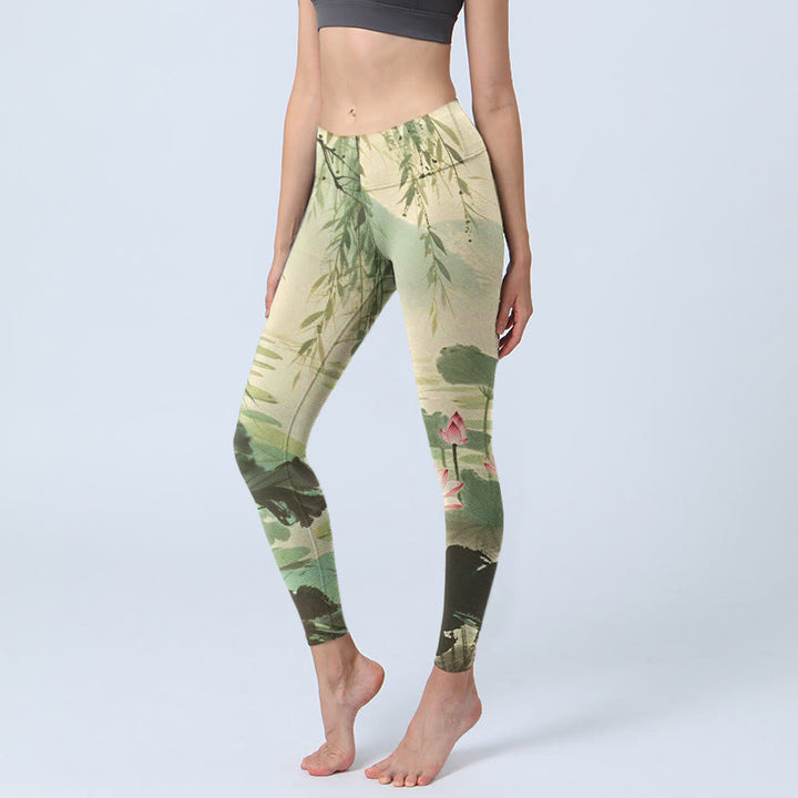 Buddha Stones, rosa Lotusblüte, Lotusblätter, Weidenzweig-Musterdruck, Gym-Leggings für Damen, Yoga-Hose - SeaGreen - US18, UK/AU22, EU50 (4XL) - image 0