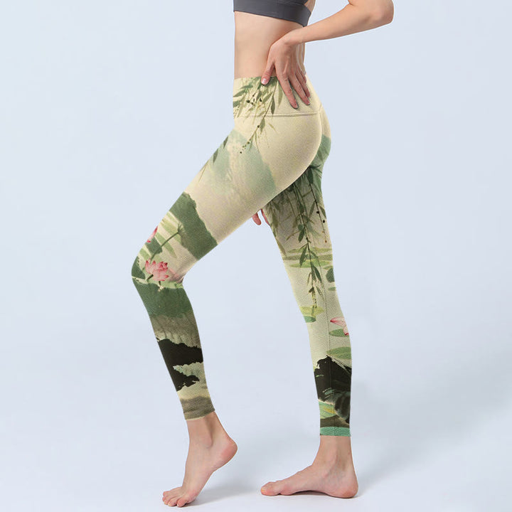 Buddha Stones, rosa Lotusblüte, Lotusblätter, Weidenzweig-Musterdruck, Gym-Leggings für Damen, Yoga-Hose - image 2