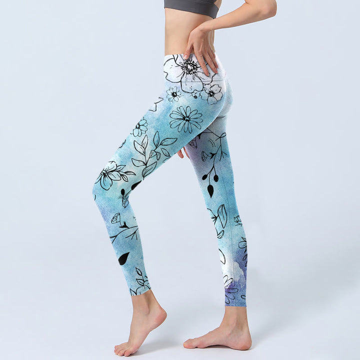 Buddha Stones Schwarze Linienzeichnung Blumenblätter Musterdruck Gym Leggings Damen Yogahose - image 2