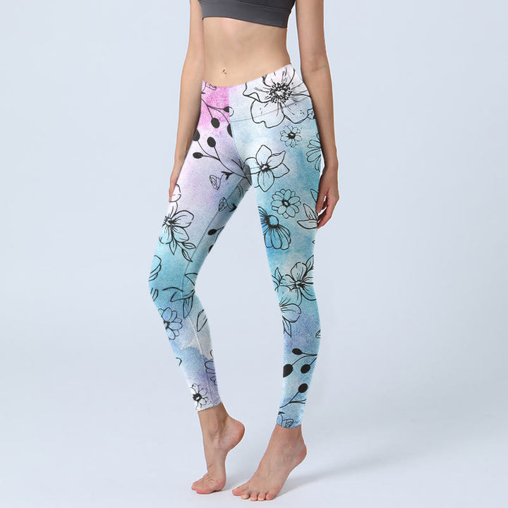 Buddha Stones Schwarze Linienzeichnung Blumenblätter Musterdruck Gym Leggings Damen Yogahose - Hellblau - US18, UK/AU22, EU50 (4XL) - image 0