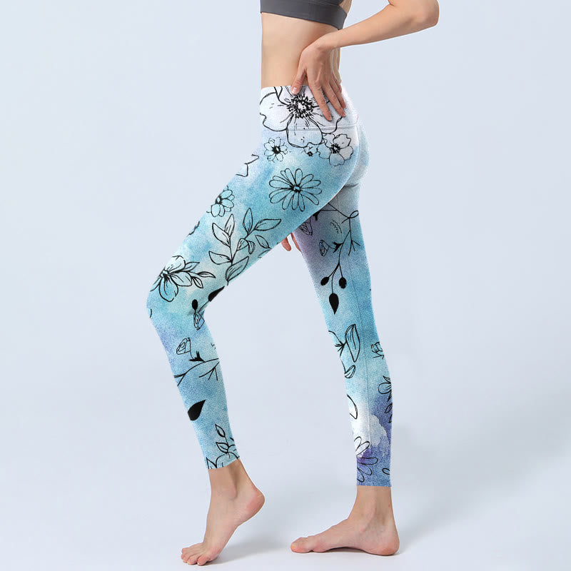 Buddha Stones Schwarze Linienzeichnung Blumenblätter Musterdruck Gym Leggings Damen Yogahose - image 3