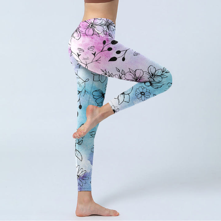 Buddha Stones Schwarze Linienzeichnung Blumenblätter Musterdruck Gym Leggings Damen Yogahose - image 5
