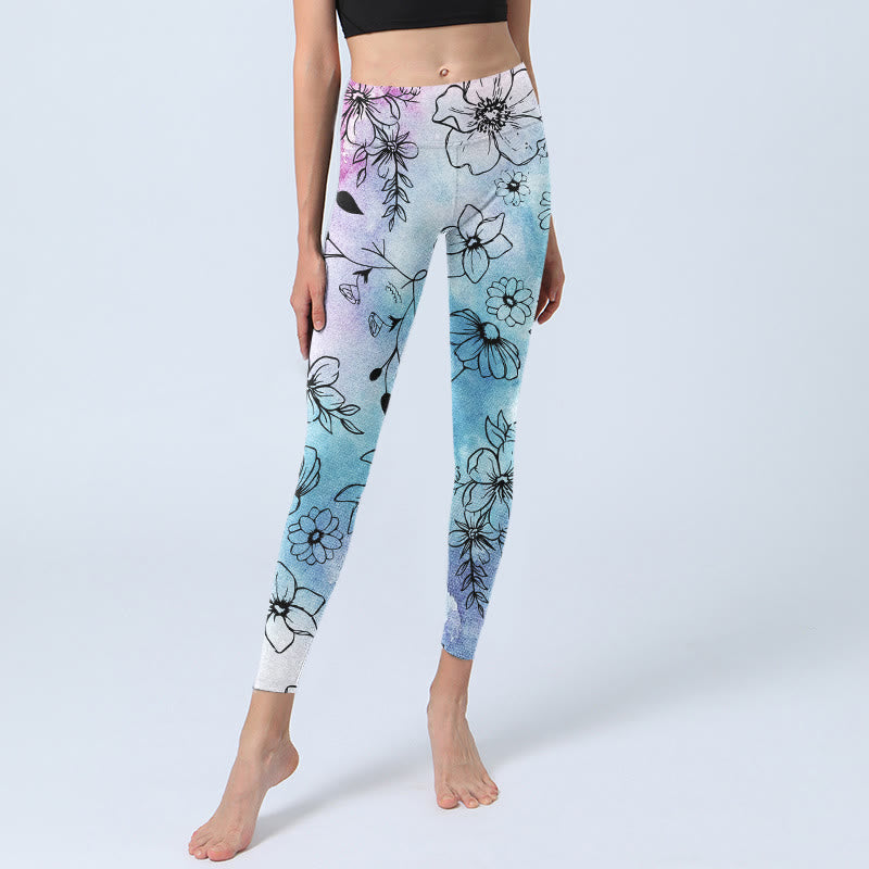 Buddha Stones Schwarze Linienzeichnung Blumenblätter Musterdruck Gym Leggings Damen Yogahose - image 5
