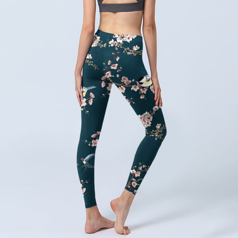 Buddha Stones Spatz Schwalbe Pfirsichblüte Musterdruck Gym Leggings Damen Yogahose - image 4