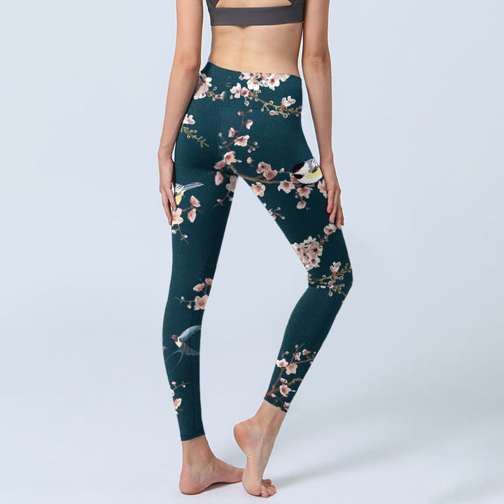 Buddha Stones Spatz Schwalbe Pfirsichblüte Musterdruck Gym Leggings Damen Yogahose - image 4