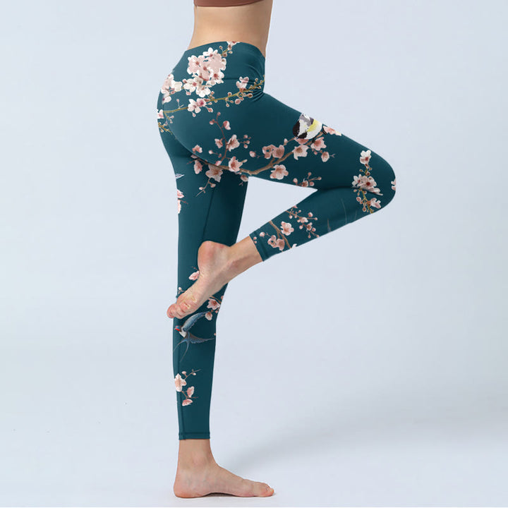 Buddha Stones Spatz Schwalbe Pfirsichblüte Musterdruck Gym Leggings Damen Yogahose - image 4