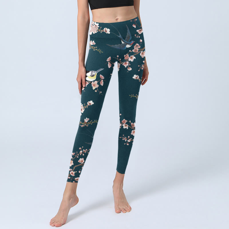 Buddha Stones Spatz Schwalbe Pfirsichblüte Musterdruck Gym Leggings Damen Yogahose - image 6