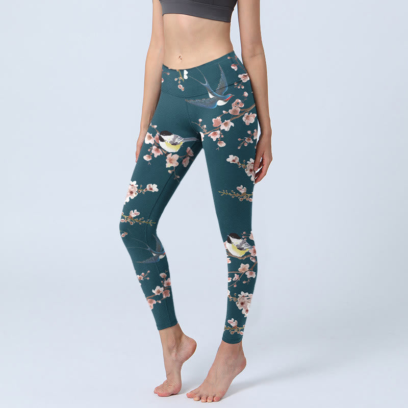 Buddha Stones Spatz Schwalbe Pfirsichblüte Musterdruck Gym Leggings Damen Yogahose - Dunkelgrau - US18, UK/AU22, EU50 (4XL) - image 0