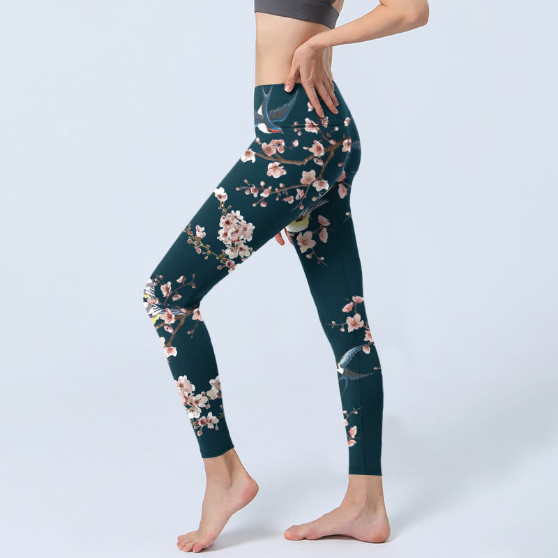 Buddha Stones Spatz Schwalbe Pfirsichblüte Musterdruck Gym Leggings Damen Yogahose - image 3