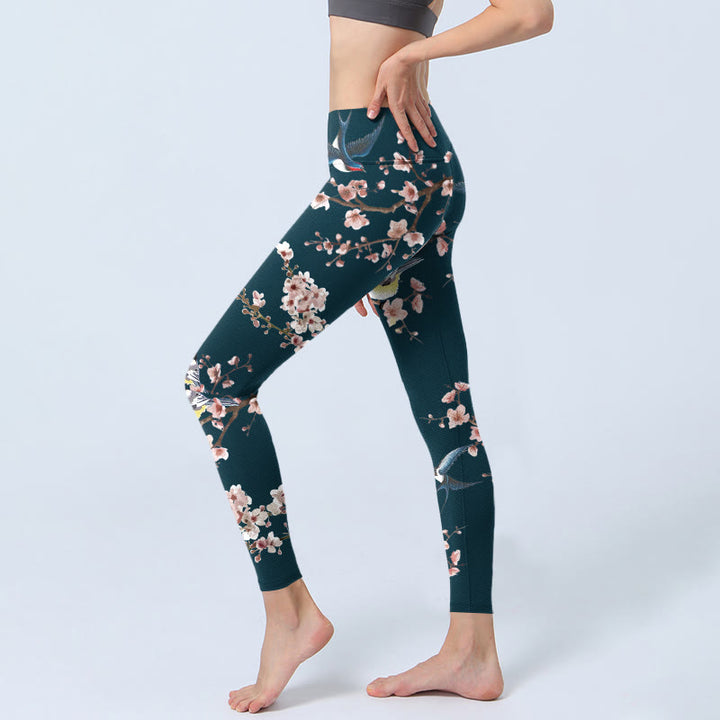 Buddha Stones Spatz Schwalbe Pfirsichblüte Musterdruck Gym Leggings Damen Yogahose - image 3