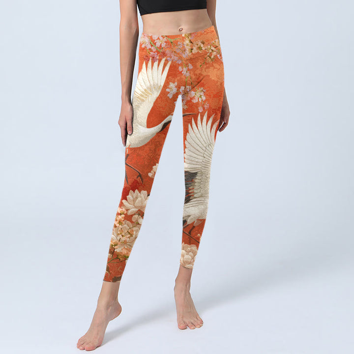 Buddha Stones Mandschurenkranich Kirschblüte Lotusblumenmuster Druck Gym Leggings Damen Yogahose - image 5