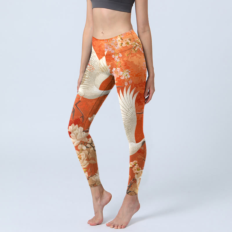 Buddha Stones Mandschurenkranich Kirschblüte Lotusblumenmuster Druck Gym Leggings Damen Yogahose - Orangerot - US18, UK/AU22, EU50 (4XL) - image 0
