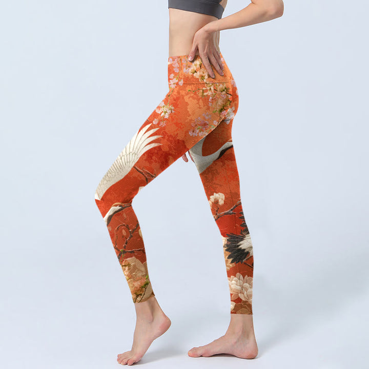 Buddha Stones Mandschurenkranich Kirschblüte Lotusblumenmuster Druck Gym Leggings Damen Yogahose - image 3