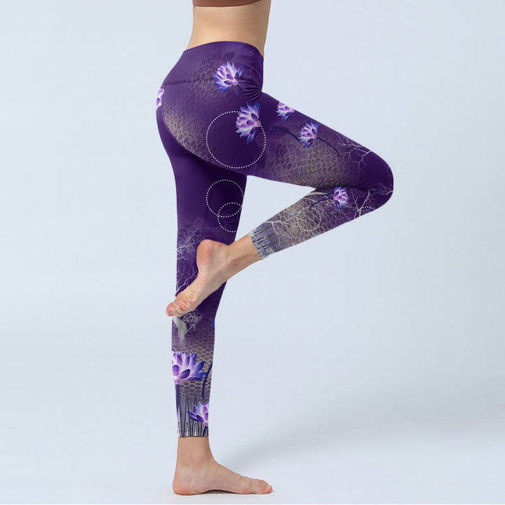 Buddha Stones, Lotusblüte, weißer Zweig, gepunkteter Kreis, Musterdruck, Fitnessstudio-Leggings für Damen, Yogahose - image 5