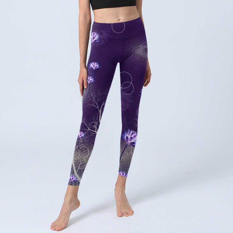 Buddha Stones, Lotusblüte, weißer Zweig, gepunkteter Kreis, Musterdruck, Fitnessstudio-Leggings für Damen, Yogahose - image 5