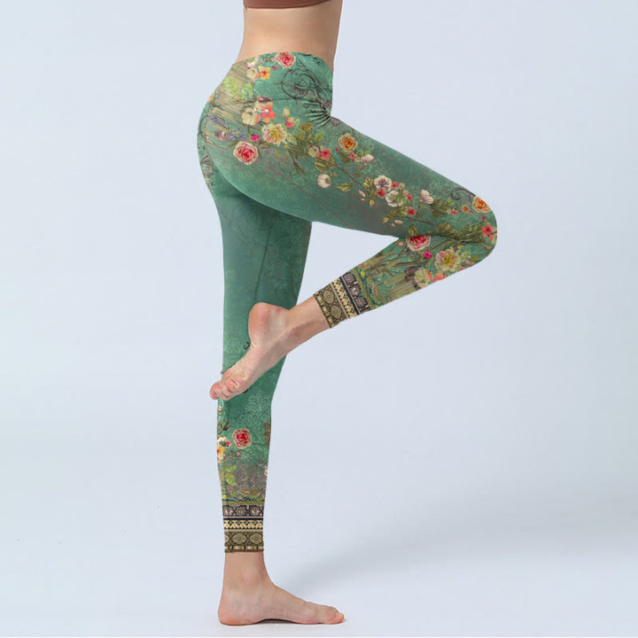 Buddha Stones Vintage Blumengirlande Spitze Damast Muster Druck Gym Leggings Damen Yoga Hose - image 5