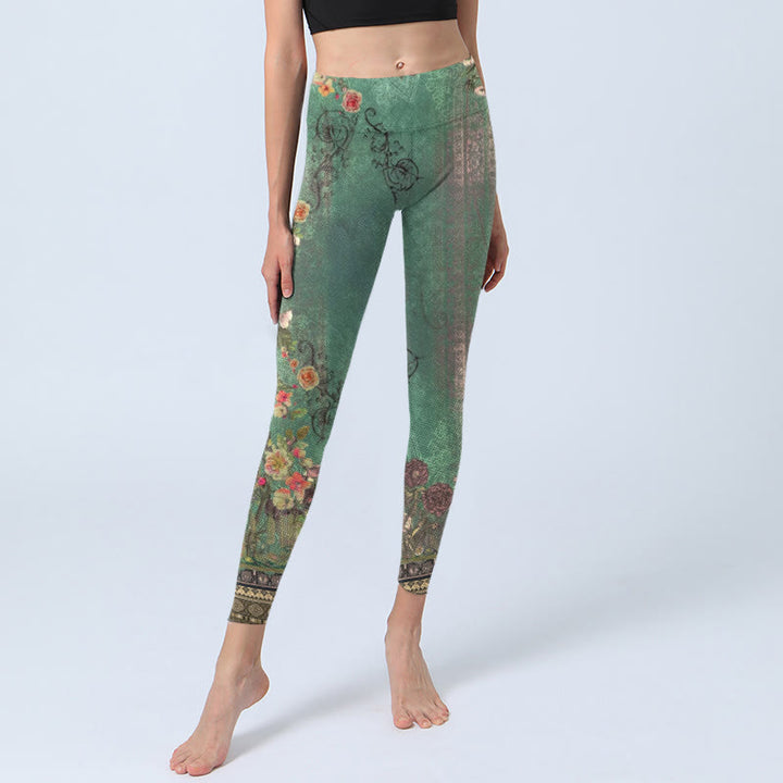 Buddha Stones Vintage Blumengirlande Spitze Damast Muster Druck Gym Leggings Damen Yoga Hose - image 6