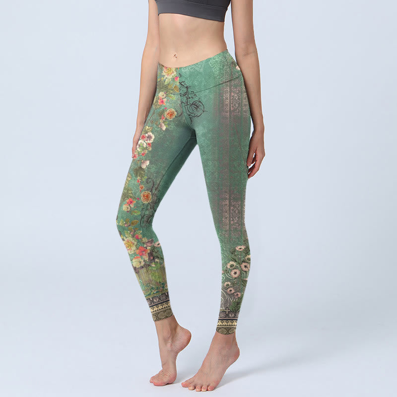 Buddha Stones Vintage Blumengirlande Spitze Damast Muster Druck Gym Leggings Damen Yoga Hose - MittelMeergrün - US18， UK/AU22，EU50 (4XL) - image 1