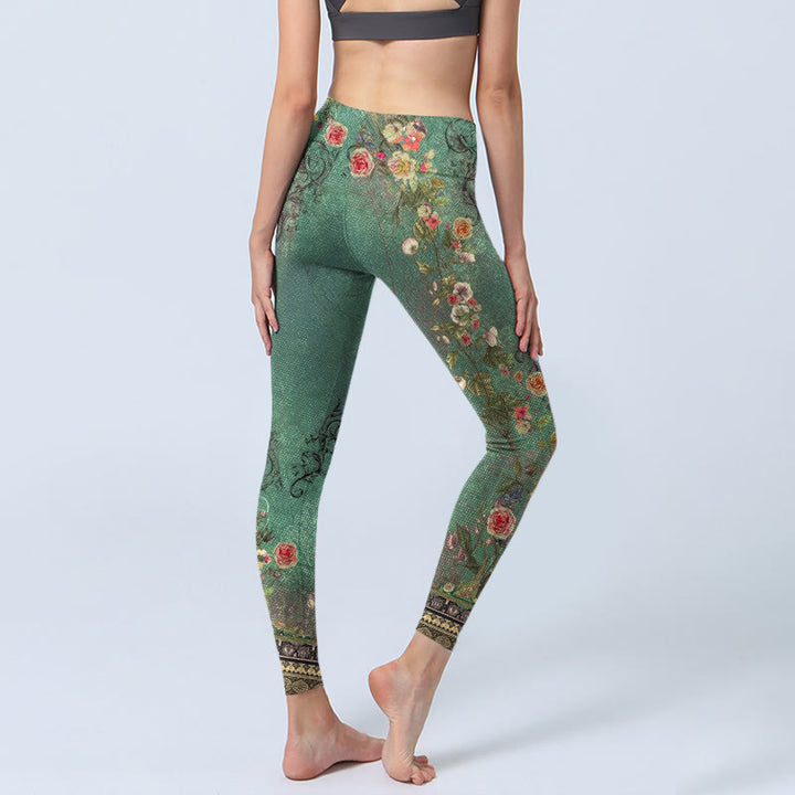 Buddha Stones Vintage Blumengirlande Spitze Damast Muster Druck Gym Leggings Damen Yoga Hose - image 3