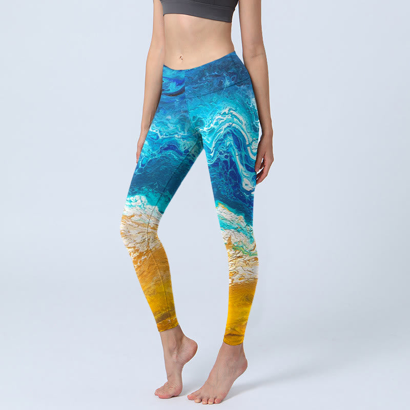 Buddha Stones Ocean Wave Golden Shore Musterdruck Gym Leggings Damen Yogahose - Mittelblau - US18， UK/AU22，EU50 (4XL) - image 1