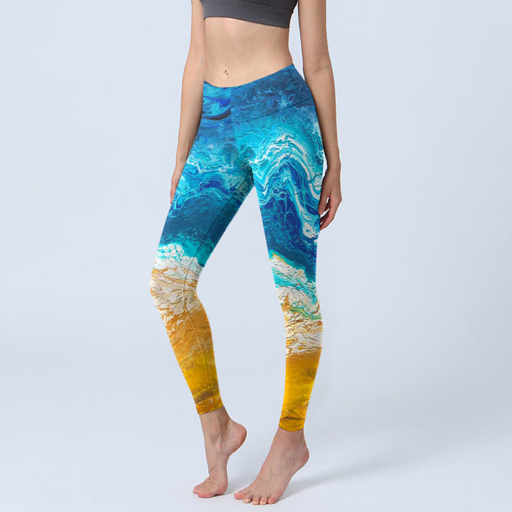 Buddha Stones Ocean Wave Golden Shore Musterdruck Gym Leggings Damen Yogahose - Mittelblau - US18， UK/AU22，EU50 (4XL) - image 1