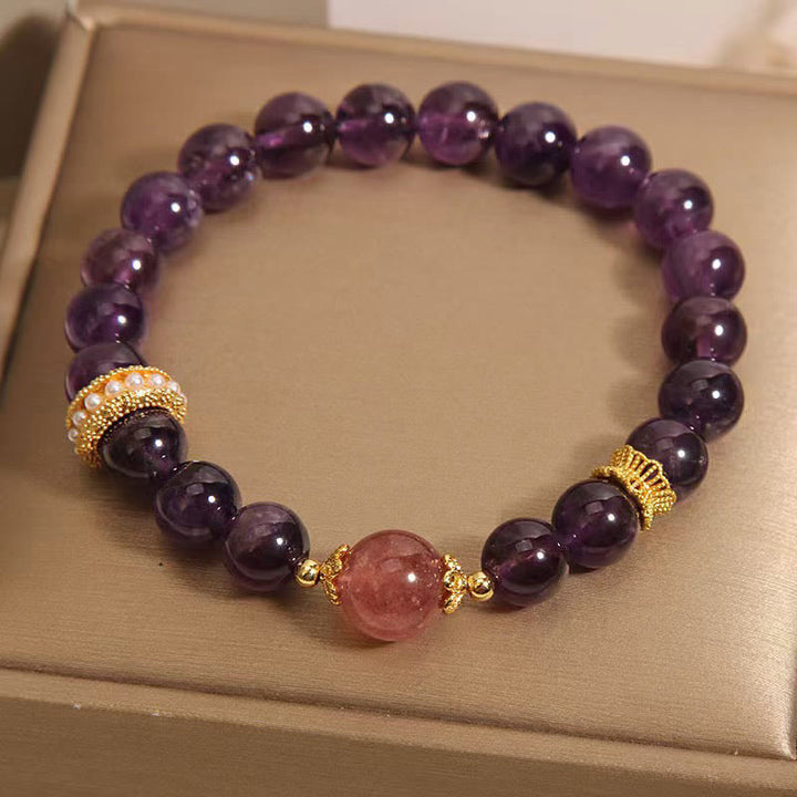 Buddha Stones Natürliche Amethyst Glücks-Erdbeerquarzperlen Friedensarmband