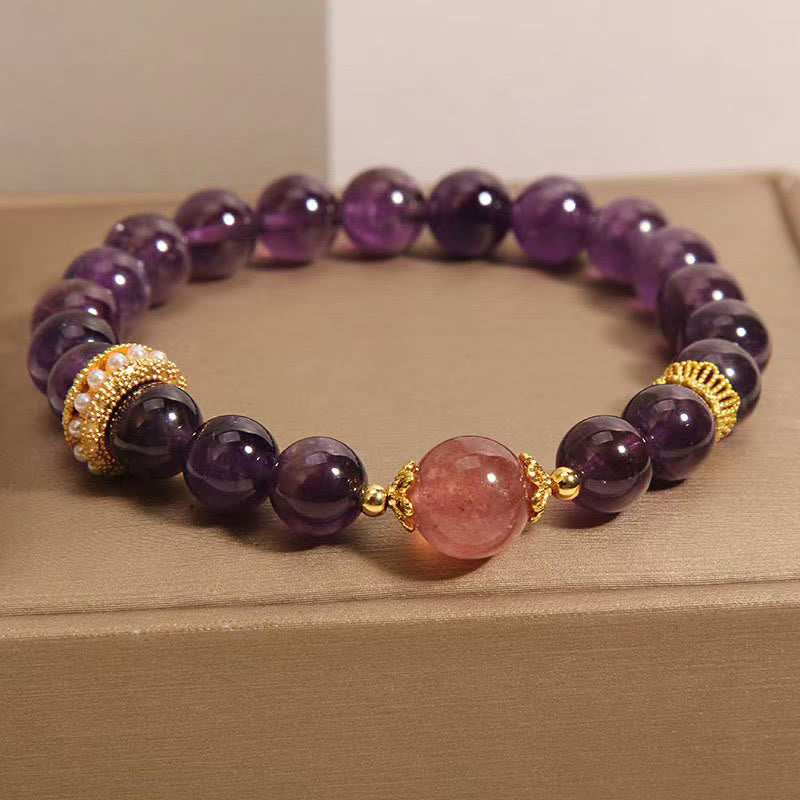 Buddha Stones Natürliche Amethyst Glücks-Erdbeerquarzperlen Friedensarmband