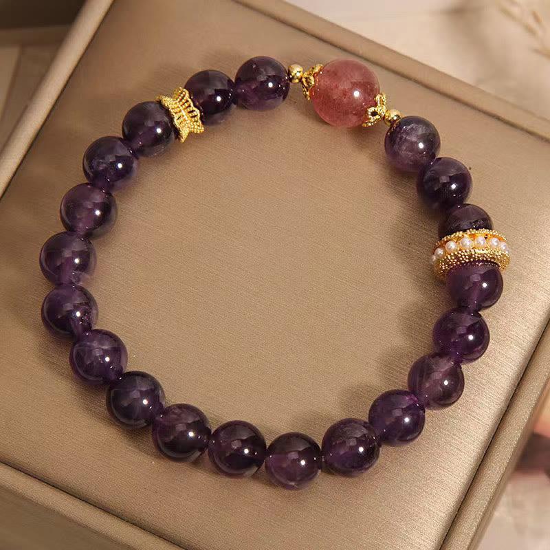 Buddha Stones Natürliche Amethyst Glücks-Erdbeerquarzperlen Friedensarmband