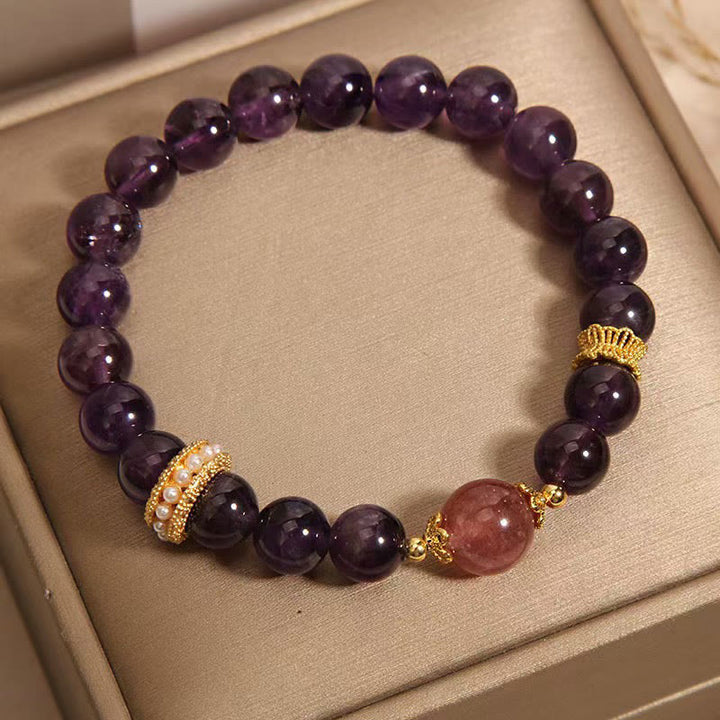 Buddha Stones Natürliche Amethyst Glücks-Erdbeerquarzperlen Friedensarmband