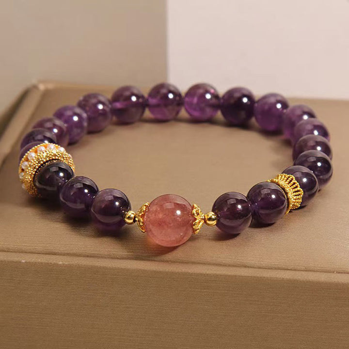 Buddha Stones Natürliche Amethyst Glücks-Erdbeerquarzperlen Friedensarmband