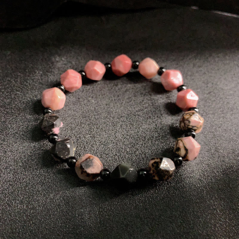 Buddha Stones Natürlicher Rhodonit Schwarze Linie Roter Fleck Stein Polygon Perlen Heilung Armband