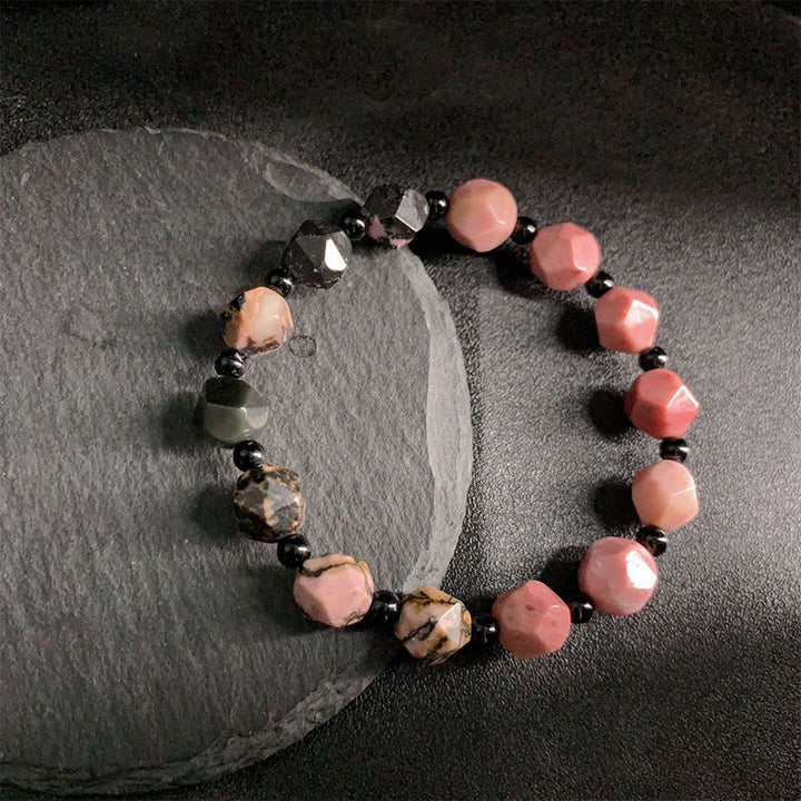 Buddha Stones Natürlicher Rhodonit Schwarze Linie Roter Fleck Stein Polygon Perlen Heilung Armband