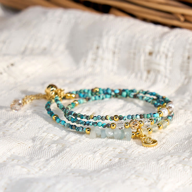 Buddha Stones Türkis Perlen Stärke Dreifach Wickelarmband