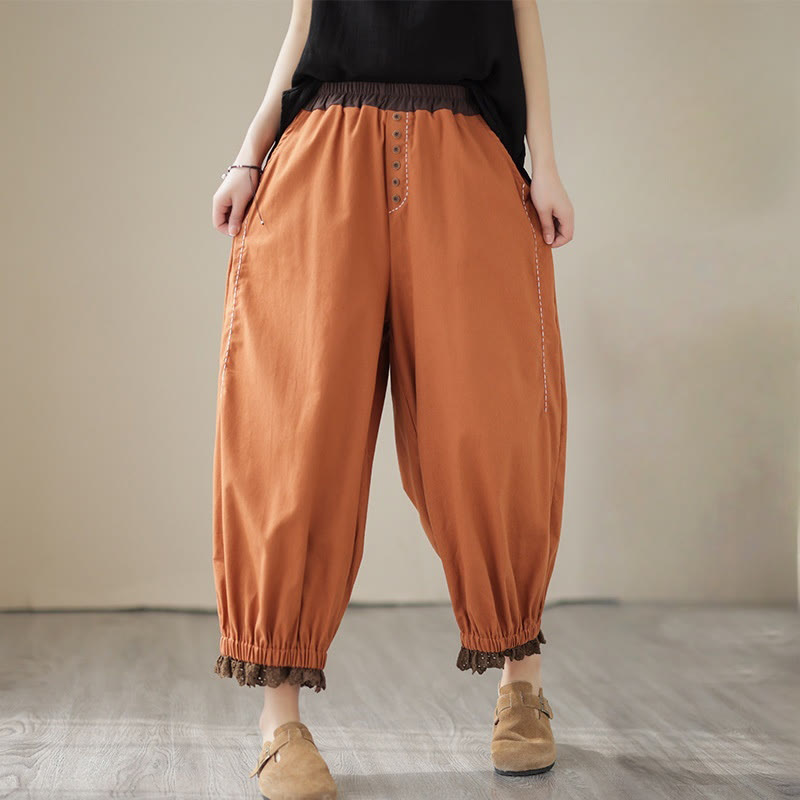 Buddha Stones Lässige Frühlings-Haremshose aus Baumwolle und Leinen mit einfarbigem Patchwork-Design für Damen, elastischer Bund und Taschen