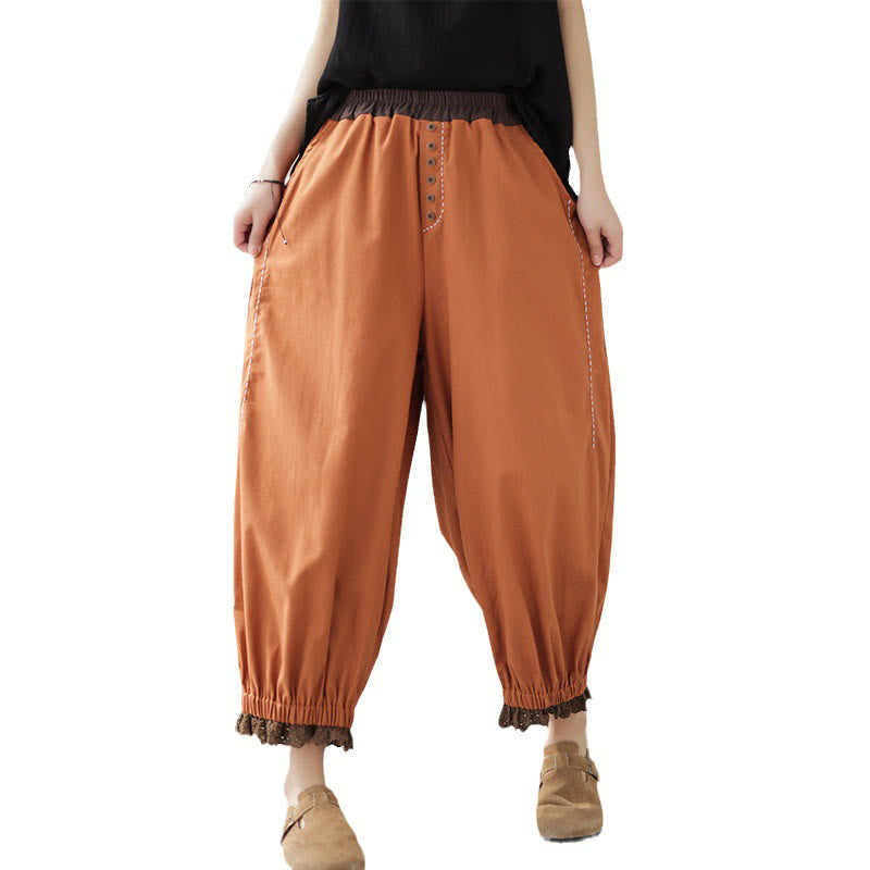 Buddha Stones Lässige Frühlings-Haremshose aus Baumwolle und Leinen mit einfarbigem Patchwork-Design für Damen, elastischer Bund und Taschen