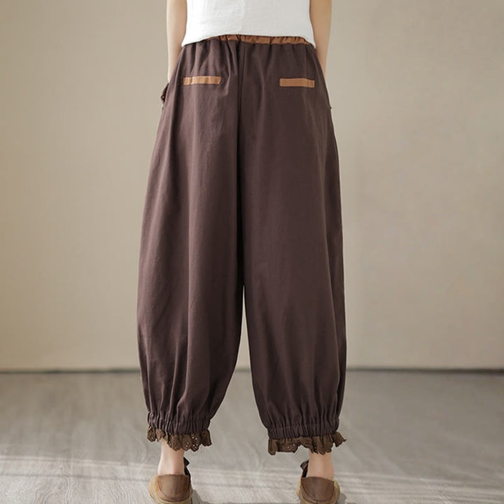 Buddha Stones Lässige Frühlings-Haremshose aus Baumwolle und Leinen mit einfarbigem Patchwork-Design für Damen, elastischer Bund und Taschen