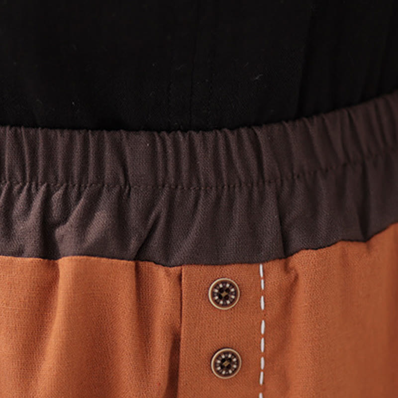 Buddha Stones Lässige Frühlings-Haremshose aus Baumwolle und Leinen mit einfarbigem Patchwork-Design für Damen, elastischer Bund und Taschen