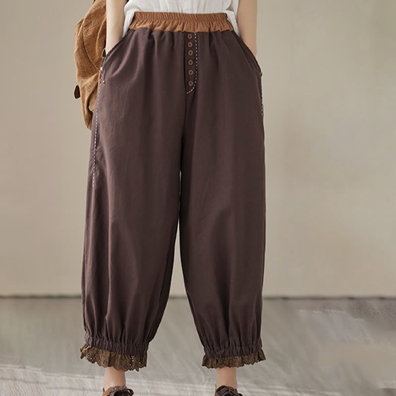 Buddha Stones Lässige Frühlings-Haremshose aus Baumwolle und Leinen mit einfarbigem Patchwork-Design für Damen, elastischer Bund und Taschen